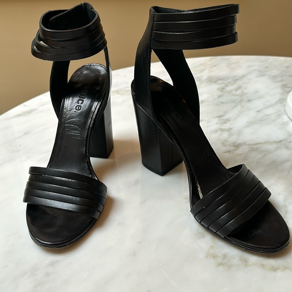 Vince Heels Sandals with Ankle Straps, Leather, Made in Italy, Size 8 1/2.